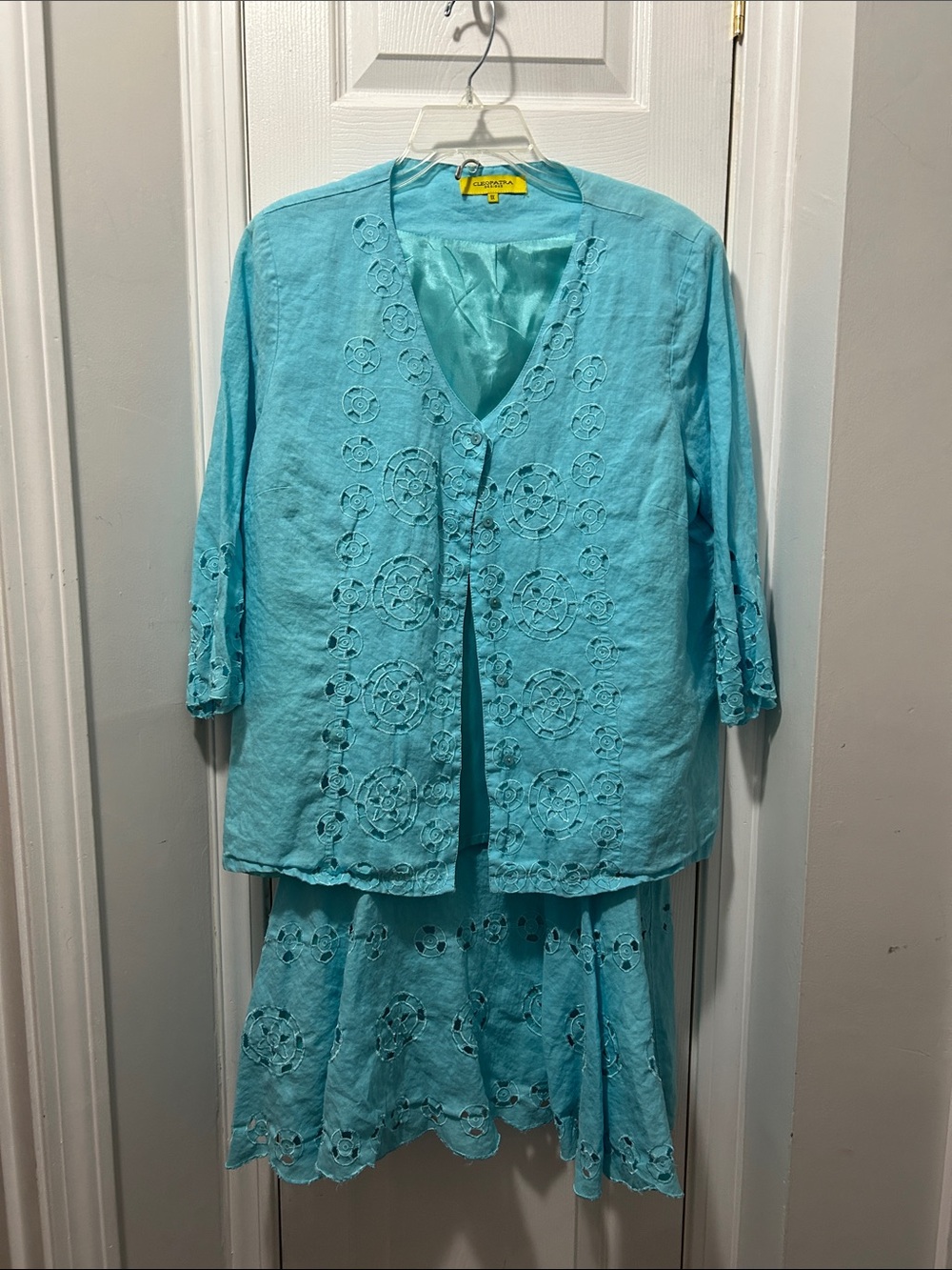 Turquoise Eyelet Linen Skirt Set - Unknown Brand